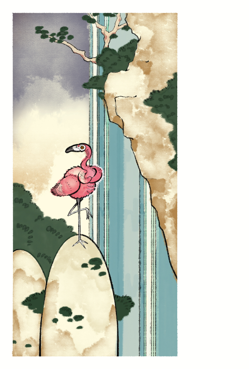 bird border branch closed_mouth commentary_request doubt5 flamigo highres leg_up nintendo no_humans orange_eyes outdoors pokemon pokemon_(creature) solo standing standing_on_one_leg white_border