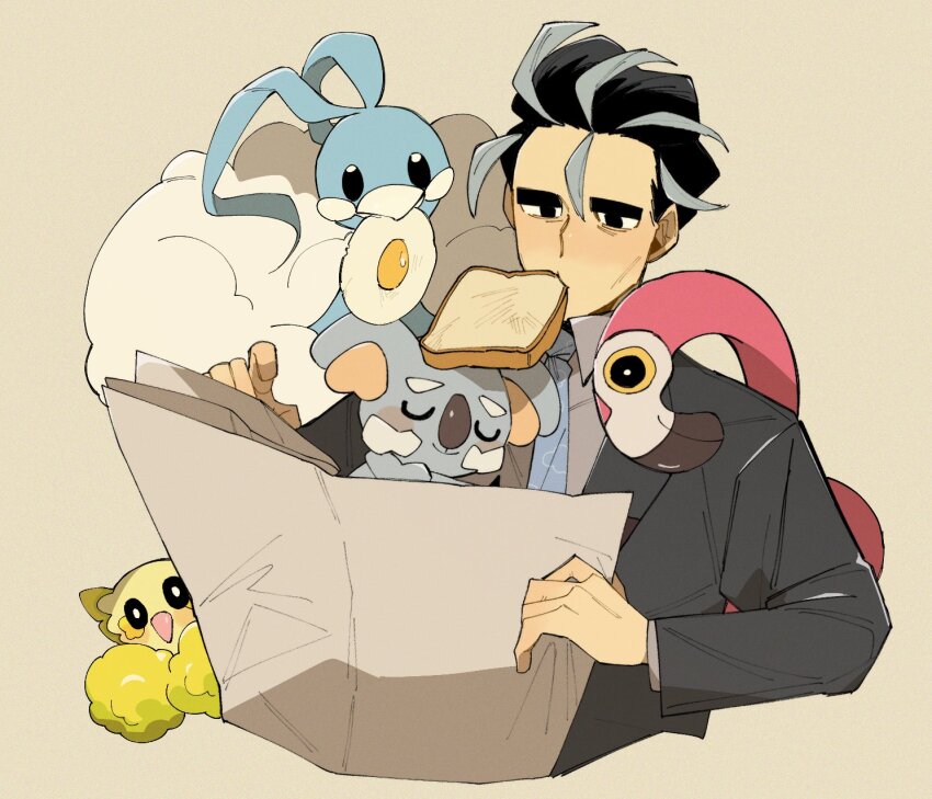 1boy altaria black_eyes black_hair bread bread_slice chin_kami_(332288) collared_shirt commentary_request flamigo food food_in_mouth gen_3_pokemon gen_7_pokemon grey_hair highres holding jacket komala larry_(pokemon) long_sleeves looking_down male_focus mouth_hold multicolored_hair necktie nintendo oricorio oricorio_(pom-pom) pokemon pokemon_(creature) pokemon_sv shirt streaked_hair toast toast_in_mouth two-tone_hair