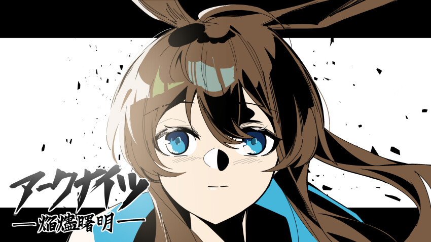 1girl ahoge amiya_(arknights) animal_ears ao_oni_(onioni-aoi) arknights blue_eyes blush brown_hair closed_mouth commentary_request floating_hair hair_between_eyes highres hood hood_down long_hair looking_at_viewer ponytail portrait rabbit_ears smile solo ttgl_eyecatch