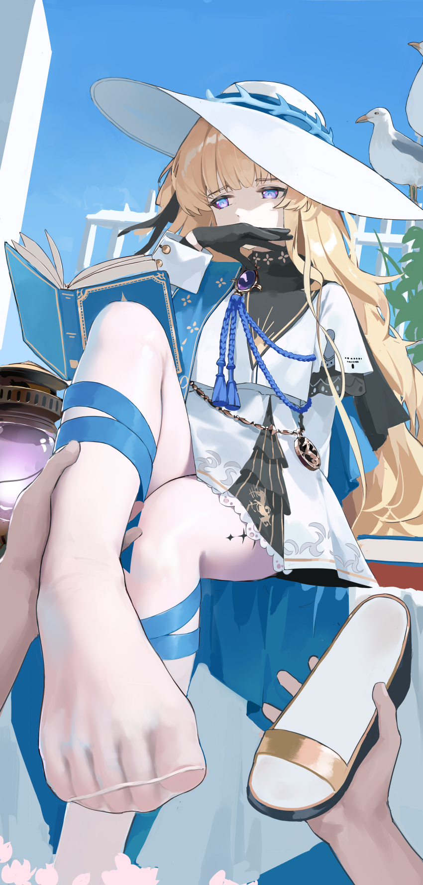 1girl absurdres bird blonde_hair blue_eyes book covering_own_mouth floppy_hat hand_over_own_mouth highres holding holding_shoes holding_unworn_clothes mousedic07 pantyhose phoebe_(wuthering_waves) seagull shoes soles toes unworn_shoes white_pantyhose wuthering_waves