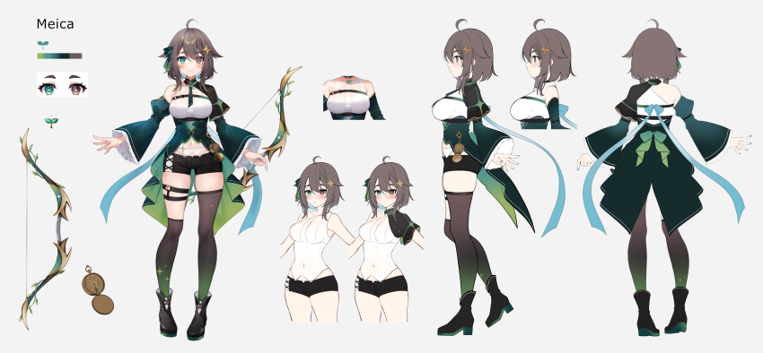 1girl absurdres ahoge arm_belt asymmetrical_legwear belt black_choker black_footwear black_shorts black_socks black_thighhighs blue_hair blue_nails blue_ribbon blush boots bow bow_(weapon) braid breasts brown_eyes brown_hair character_name reference_sheet chest_belt choker color_guide colored_inner_hair commentary compass covered_navel cross-laced_clothes cross-laced_shorts cross-shaped_pupils detached_sleeves dress multiple_expressions eyes_visible_through_hair facing_viewer frilled_sleeves frills from_behind from_side front_slit full_body gradient_legwear green_bow green_dress green_eyes green_necktie green_ribbon green_sleeves green_socks green_thighhighs hair_bow hair_flaps hair_ornament hair_ribbon heterochromia high_heel_boots high_heels highres holding holding_bow_(weapon) holding_weapon indie_virtual_youtuber jewelry juliet_sleeves kisaragi_yuri kneehighs long_sleeves medium_breasts medium_hair meica_(vtuber) meica_(vtuber)_(1st_costume) mismatched_pupils multicolored_hair multiple_views necktie o-ring o-ring_belt pendant_choker plant puffy_sleeves ribbon see-through_clothes see-through_shirt shirt short_shorts shorts shrug_(clothing) simple_background single-shoulder_shirt single_braid single_kneehigh single_sock single_thighhigh skindentation sleeveless sleeveless_dress sleeveless_shirt smile socks spanish_commentary sparkle_print sprout sprout-shaped_pupils sprout_pendant star_(symbol) star_hair_ornament swept_bangs symbol-shaped_pupils thigh_belt thigh_strap thighhighs underbust uneven_legwear vines virtual_youtuber weapon white_shirt