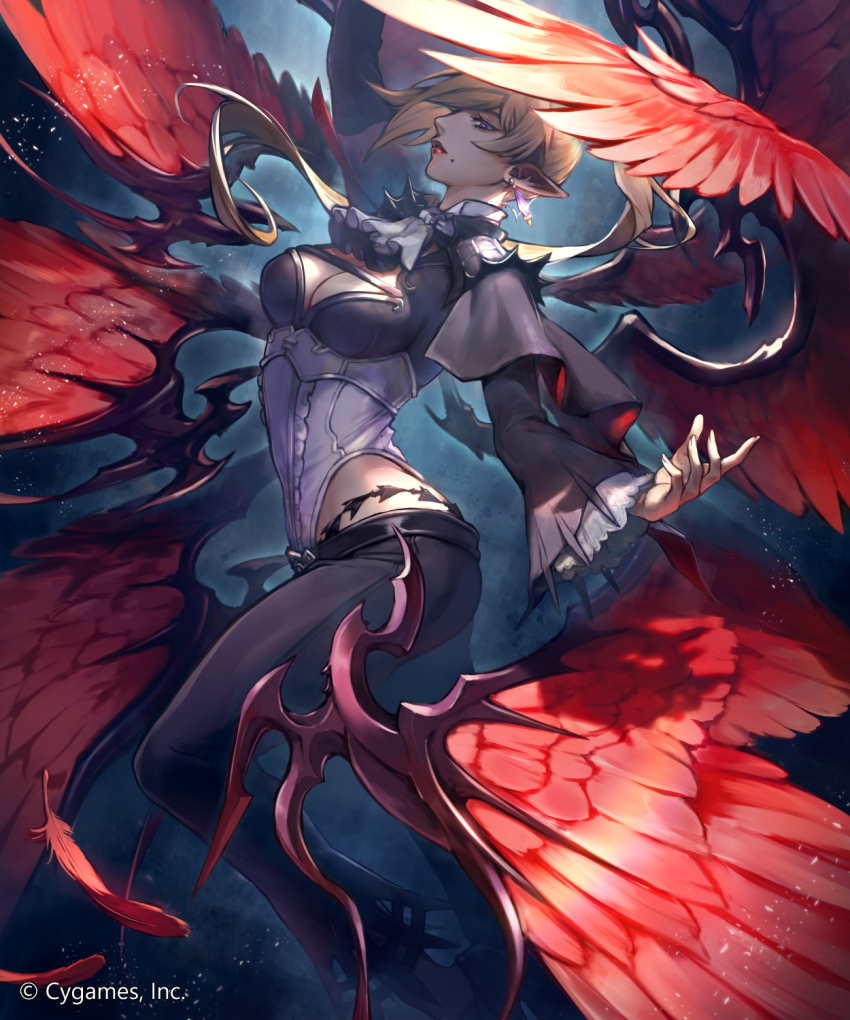 ascot ass black_capelet black_pants black_sleeves blonde_hair breasts capelet cleavage company_name earrings feathered_wings from_side highres hip_vent jewelry large_breasts long_hair looking_to_the_side mole mole_under_mouth multiple_wings official_art pants pointy_ears ponytail purple_eyes red_lips red_wings shadowverse shadowverse_evolve simple_background solo takanashi_nkg valnareik_(shadowverse) white_ascot wings