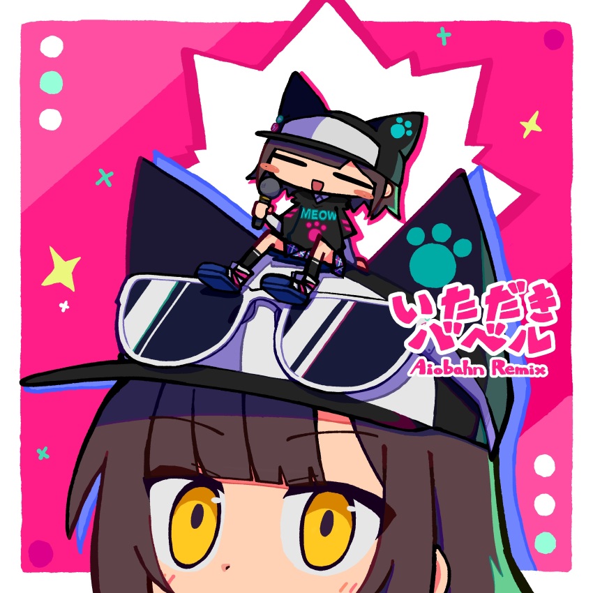 2girls absurdres album_cover animal_ears animal_hat baseball_cap black_hoodie black_socks blunt_bangs blush brown_hair cat_ears cat_hat chibi closed_eyes cover denonbu fake_animal_ears full_body hat highres holding holding_microphone hood hood_down hoodie kurogane_tama long_sleeves looking_up microphone multiple_girls odayaka official_art open_mouth paw_print second-party_source short_hair sitting smile socks song_name sparkle sunglasses yellow_eyes