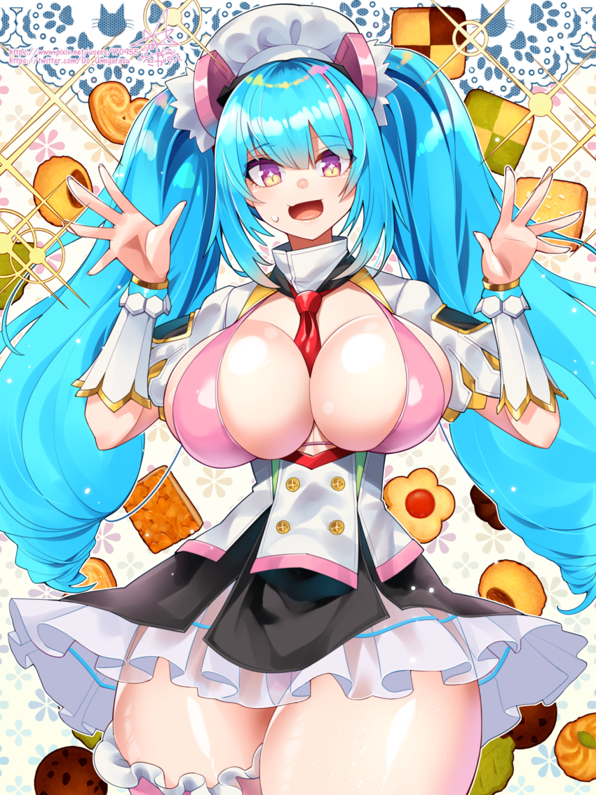1girl :d aurora_(last_origin) between_breasts blue_hair blush bra breasts buttons checkerboard_cookie chef chef_hat cleavage cleavage_cutout clothing_cutout cookie doily double-breasted dress drill_hair floral_background food frilled_thigh_strap hair_between_eyes hat heart heart-shaped_cookie heart-shaped_food highres large_breasts last_origin long_hair looking_at_viewer microskirt multicolored_hair necktie necktie_between_breasts open_mouth patissier pink_bra pink_eyes pink_hair pixiv_id pixiv_username red_necktie see-through_clothes see-through_skirt short_dress short_sleeves sidelocks signature skindentation skirt small_sweatdrop smile solo sparkle streaked_hair symbol-shaped_pupils thick_thighs thigh_strap thighs thumbprint_cookie twin_drills twintails twitter_username two-tone_hair umigarasu_(kitsune1963) underwear white_wrist_cuffs wrist_cuffs