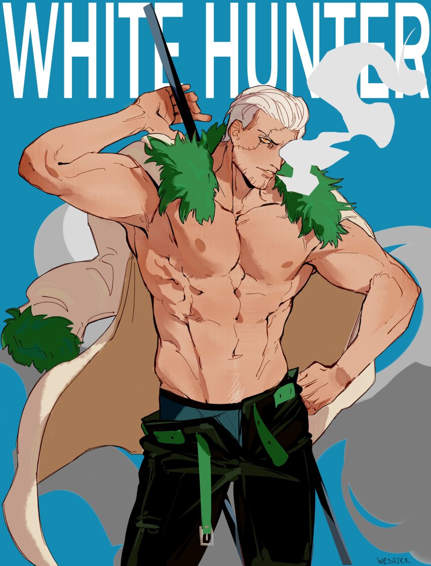 1boy abs absurdres bara beard_stubble black_pants blue_background cigar facial_hair fur-trimmed_jacket fur_trim hand_on_own_hip hashtag-only_commentary highres jacket jacket_on_shoulders male_focus one_piece pants smoke smoker_(one_piece) solo stitched_face stitches stubble undercut underwear wesaier