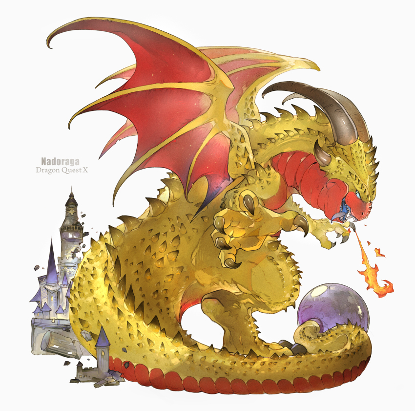 animal_focus breath_weapon breathing_fire castle character_name claws copyright_name destruction dragon dragon_quest dragon_quest_x fire from_side full_body giant giant_monster highres horns linne_(hld_doreko) monster monster_focus nadraga no_humans scales slit_pupils solo spikes tail tongue tongue_out western_dragon white_background wings
