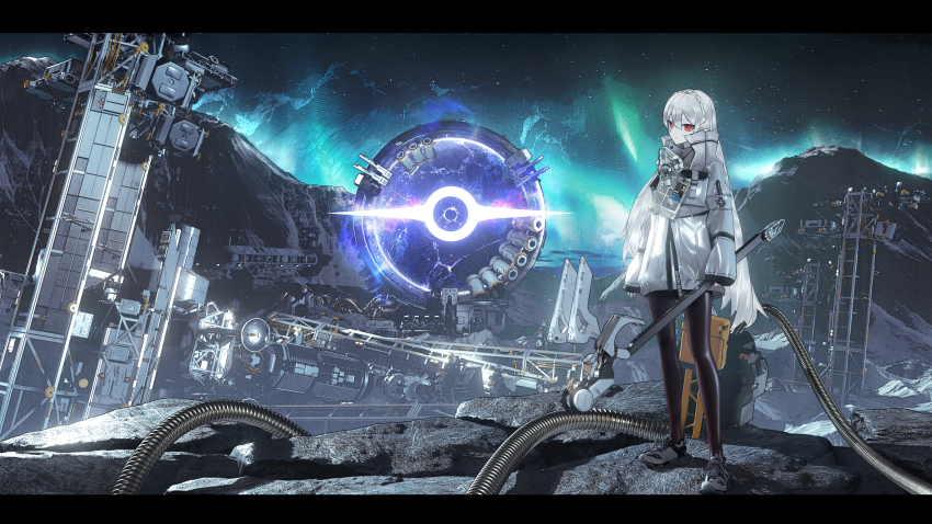 1girl absurdres arknights arknights:_endfield braid brown_pantyhose closed_mouth commentary_request crown_braid glowing grey_hair hair_between_eyes highres holding jacket letterboxed long_hair long_sleeves mountain night night_sky outdoors pantyhose radar_dish red_eyes seymour_(sai_lu_er) shoes sky sleeves_past_wrists solo standing star_(sky) starry_sky very_long_hair warfarin_(arknights) white_jacket white_shoes