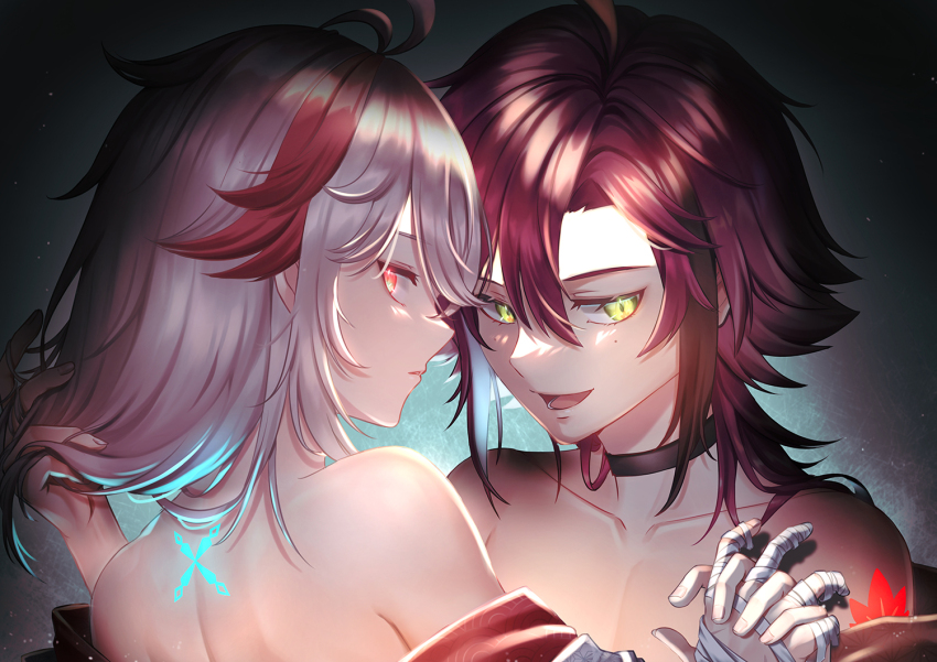 2boys arm_tattoo back back_tattoo bandaged_hand bandages bare_shoulders genshin_impact green_eyes grey_hair hair_between_eyes japanese_clothes kaedehara_kazuha kuro_tsubasa leaf long_hair male_focus maple_leaf multicolored_hair multiple_boys open_mouth red_eyes red_hair shikanoin_heizou smile streaked_hair tattoo topless_male white_hair yaoi
