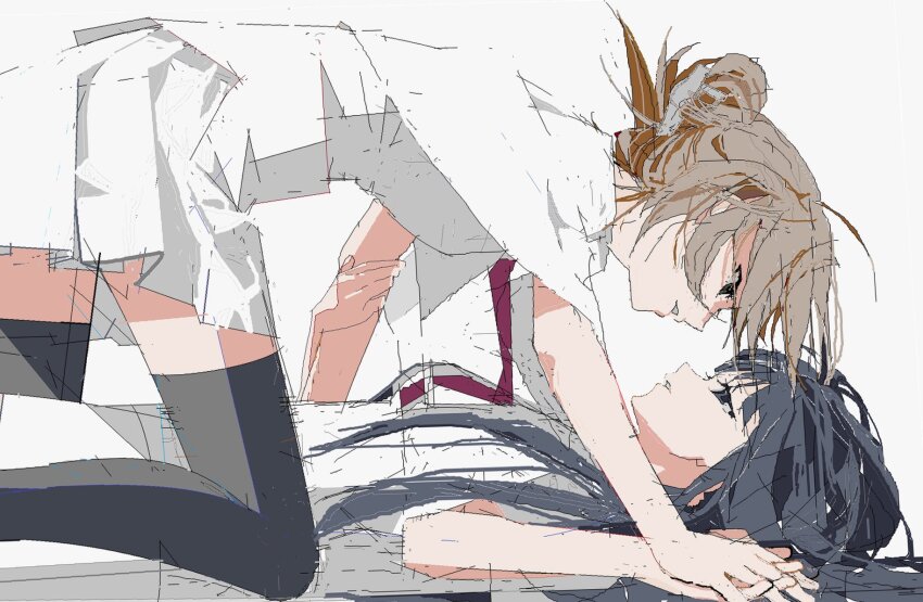 2girls all_fours black_eyes black_hair black_thighhighs breasts brown_hair capelet eye_contact face-to-face feet_out_of_frame folded_ponytail from_side girl_on_top hand_on_another&#039;s_arm highres holding_hands jaggy_lines long_hair looking_at_another lying medium_breasts miniskirt multiple_girls necktie on_back parted_lips profile red_necktie school_uniform shirt short_hair simple_background skirt subarashiki_hibi tachibana_kimika takashima_zakuro thighhighs tkwkai white_background white_capelet white_shirt white_skirt yuri