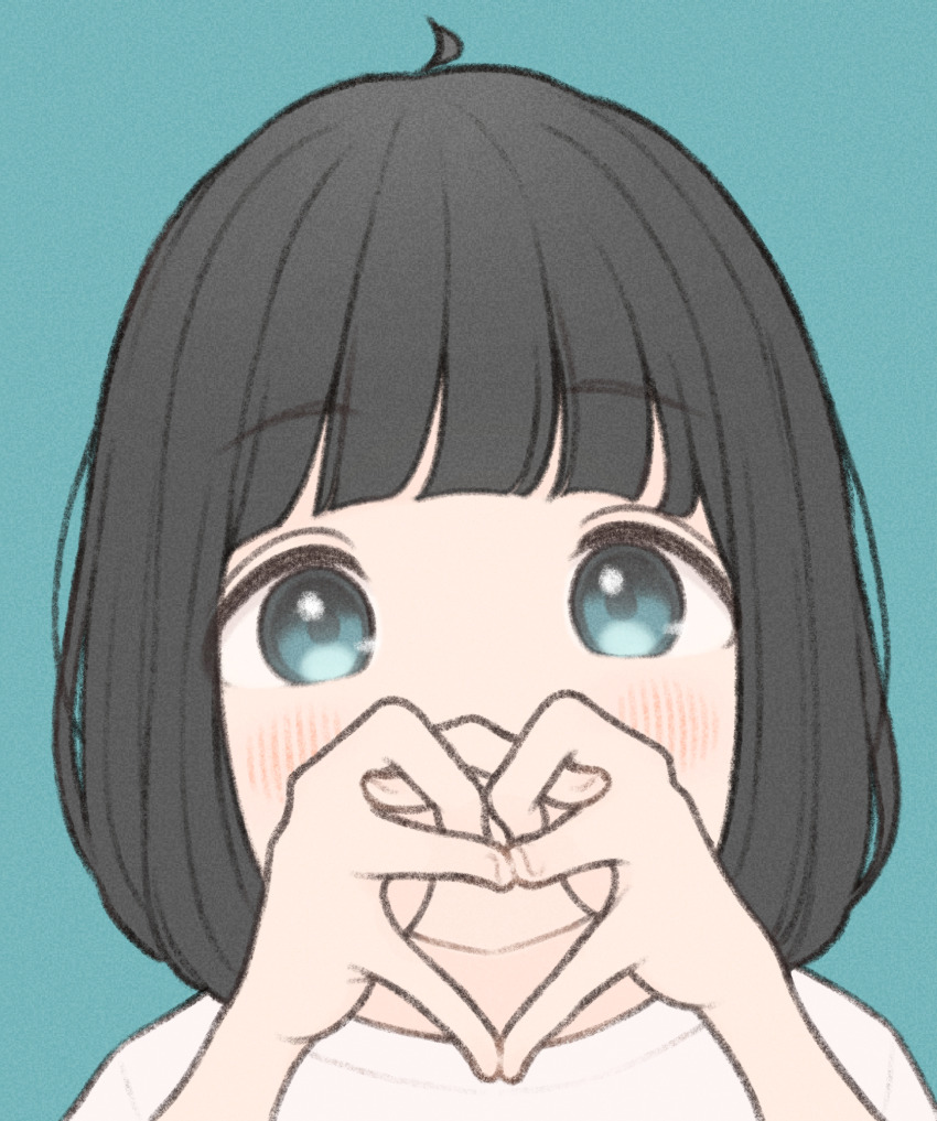 1girl 1ssakawaguchi ahoge blunt_bangs blush bob_cut brown_hair grey_eyes hands_up highres ichika_(1ssakawaguchi) interlocked_fingers looking_at_viewer original shirt short_hair simple_background solo t-shirt upper_body white_shirt