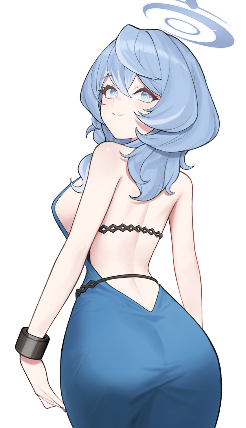 1girl ako_(blue_archive) ako_(dress)_(blue_archive) backless_dress backless_outfit bare_shoulders blue_archive blue_dress blue_eyes blue_hair blue_halo breasts closed_mouth dress hair_between_eyes halo highres large_breasts long_hair looking_back official_alternate_costume official_alternate_hairstyle potatoy simple_background smile solo white_background wrist_cuffs