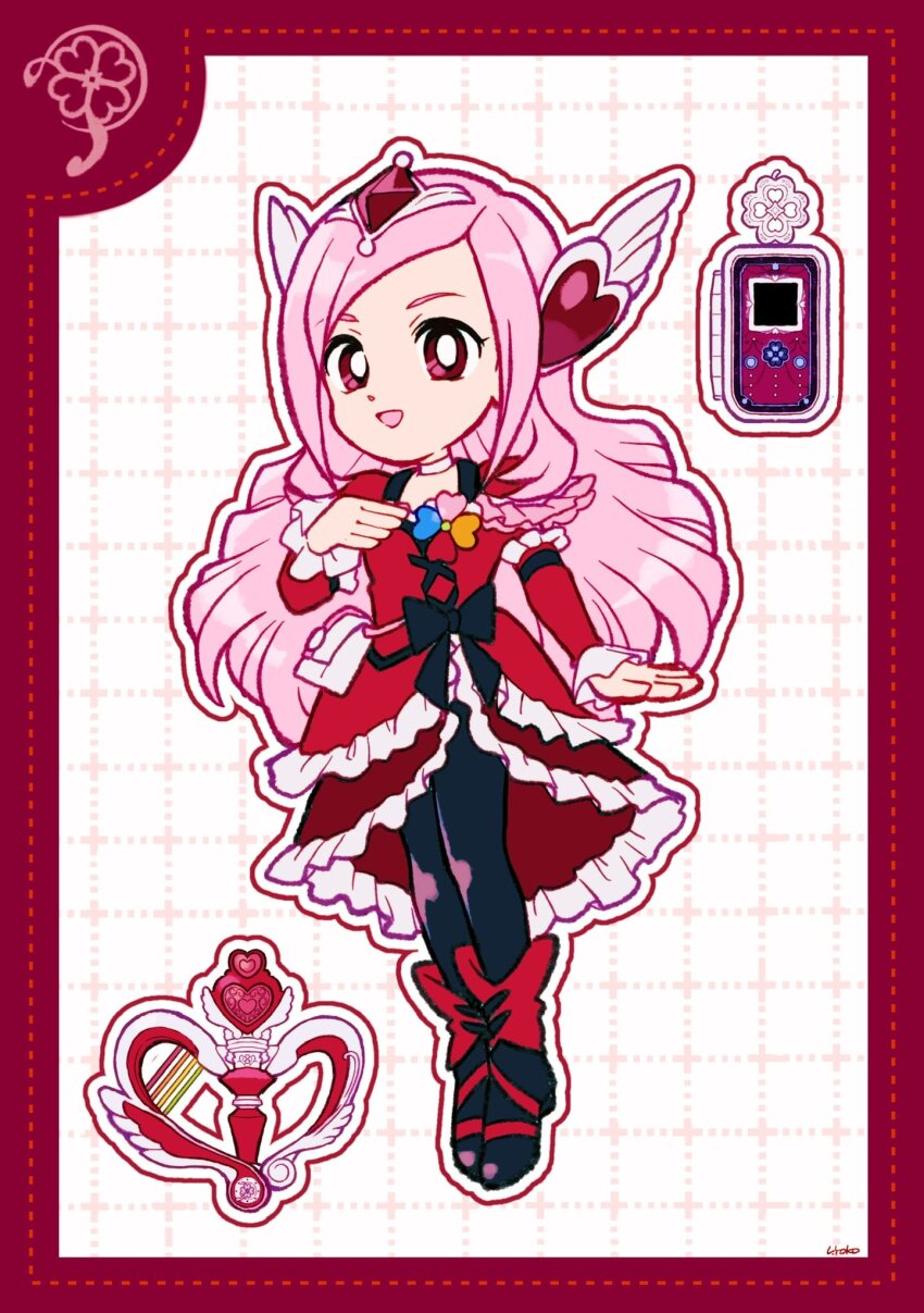 1girl asymmetrical_dress black_boots black_bow black_pantyhose boots bow bright_pupils cellphone choker clover clover_brooch cross-laced_clothes cross-laced_dress cure_passion deformed diamond_hair_ornament dot_nose dotted_line dress four-leaf_clover fresh_precure! frilled_arm_warmers frilled_dress frilled_sleeves frills full_body grid_background hair_ornament hand_on_own_chest harp heart heart_hair_ornament higashi_setsuna high_heel_boots high_heels highres instrument long_dress long_hair magical_girl open_mouth outline pantyhose phone pink_hair precure red_arm_warmers red_bow red_dress red_eyes short_sleeves signature smile solo square_neckline standing tareme uwded_207 very_long_hair waist_bag waist_bow white_background white_bag white_choker white_outline white_pupils wing_hair_ornament