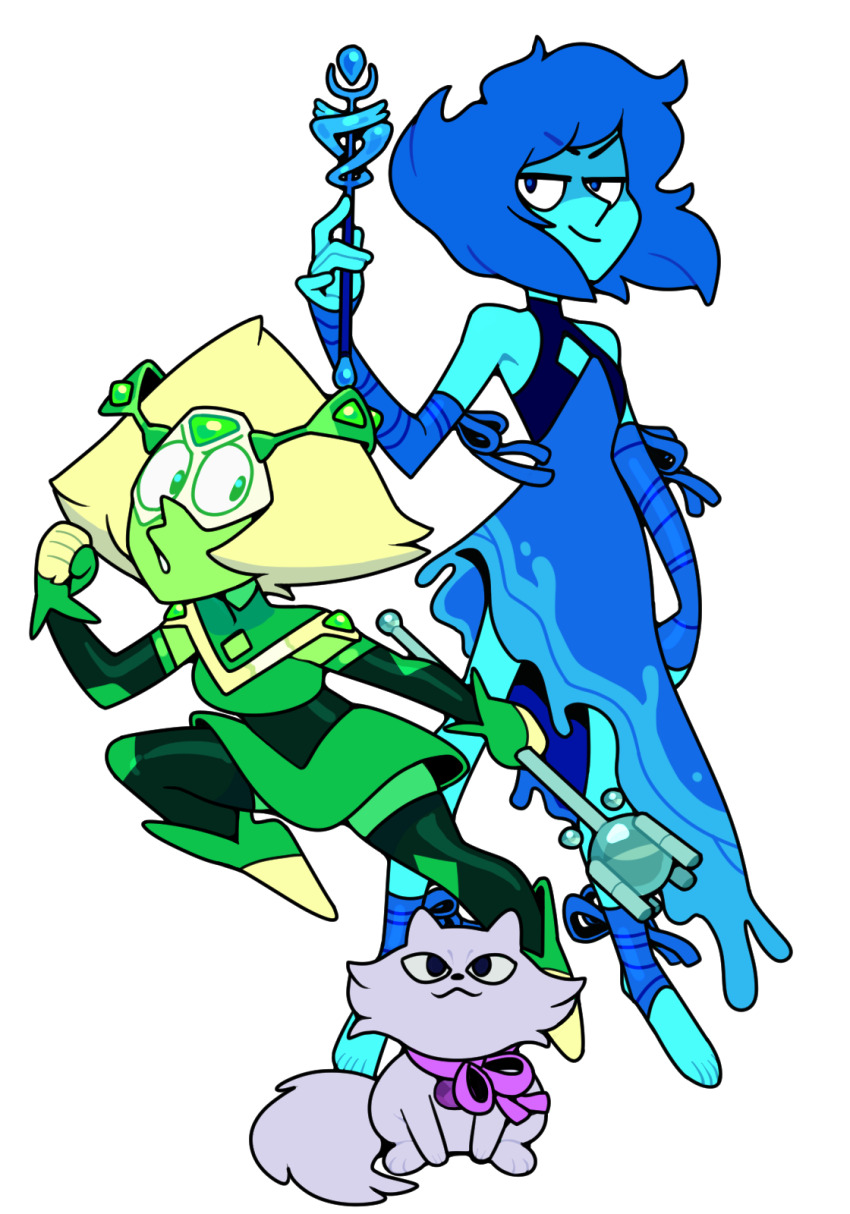3girls alien alternate_costume amethyst_(steven_universe) blonde_hair blue_hair blue_skin colored_skin discount-supervillain face_shield forehead_jewel full_body gem gem_(steven_universe) green_skin highres lapis_lazuli_(steven_universe) magical_girl multiple_girls peridot_(steven_universe) short_hair simple_background smile steven_universe triangle-shaped_hair