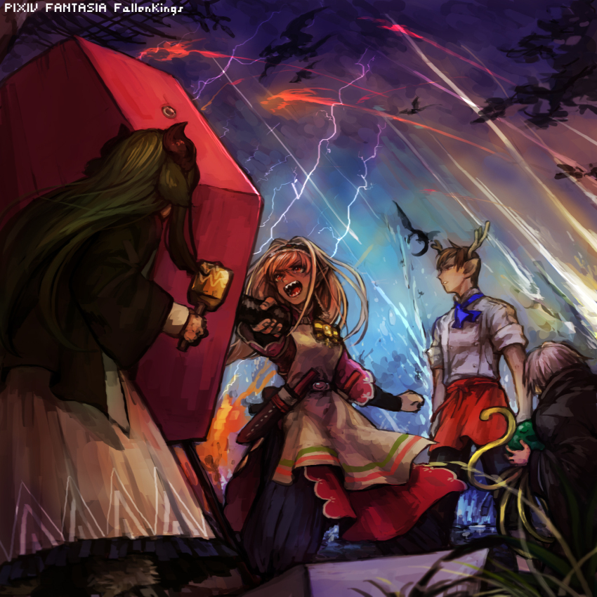 2boys 2girls akaneko_(redakanekocat) animal_ears antlers apron ascot battle blue_ascot brown_hair buttons commentary_request dark-skinned_female dark_skin double-breasted dragon dress floating_hair frilled_hairband frills green_hair hairband hammer highres holding holding_hammer horns knife lightning long_hair multiple_boys multiple_girls open_mouth pixiv_fantasia pixiv_fantasia_fallen_kings pointy_ears red_dress red_eyes sharp_teeth sheath slime_(creature) teeth