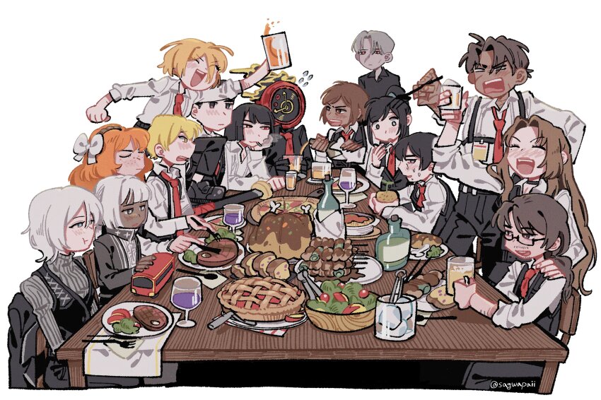 1other 6+boys 6+girls :3 :d :o :t ^_^ absurdres alcohol angry apple apple_rabbit apple_slice arm_hair arm_up artist_name bags_under_eyes beer beer_mug belt black-framed_eyewear black_choker black_eyes black_gloves black_hair black_pants black_shirt black_vest blank_eyes blonde_hair blue_eyes blunt_bangs blunt_ends blush bottle bow bow_hairband bowl bread bread_slice bright_pupils brown_eyes brown_hair bus chair charon_(project_moon) cherry_tomato choker cigarette clock closed_eyes closed_mouth coat collared_shirt colored_skin cup dante_(limbus_company) dark-skinned_female dark-skinned_male dark_skin dinner don_quixote_(project_moon) drinking_glass drunk eating elbows_on_table everyone expressionless facial_hair facial_scar faust_(project_moon) film_grain flying_sweatdrops food food_art fork freckles fruit glass glasses gloves gregor_(project_moon) grey_eyes grey_skin grey_sweater hair_between_eyes hair_intakes hairband hand_on_another&#039;s_shoulder head_rest heathcliff_(project_moon) heterochromia high_ponytail highres holding holding_bottle holding_cup holding_food holding_fork holding_knife hong_lu_(project_moon) ice ice_cube id_card ishmael_(project_moon) jitome juice knife korean_commentary limbus_company long_hair long_sleeves looking_afar looking_at_another low_ponytail meat meursault_(project_moon) mole mole_under_eye motor_vehicle mug multiple_boys multiple_girls napkin necktie nervous_sweating no_coat no_pupils object_head on_table open_collar open_mouth orange_hair outis_(project_moon) pants parted_bangs pasta pie pizza pizza_slice plate ponytail potato pouring project_moon red_eyes red_necktie ribbed_sweater rodion_(project_moon) ryoshu_(project_moon) sagwapai salad salad_bowl scar scar_on_arm scar_on_cheek scar_on_face scar_on_hand scars_all_over semi-rimless_eyewear sheath sheathed shirt shirt_tucked_in short_hair sidelocks sideways_glance simple_background sinclair_(project_moon) sitting skewer three-quarter_sleeves sleeves_rolled_up smile smoke smoke_trail smoking spaghetti sprout standing steak suspenders sweat sweater swept_bangs sword table teeth thick_eyebrows tomato tongs too_many toy_car turkey_(food) turtleneck turtleneck_sweater twitter_username unamused under-rim_eyewear unworn_coat upper_teeth_only v-shaped_eyebrows vergilius_(project_moon) vest weapon white_background white_bow white_hair white_pupils white_shirt wide-eyed wine wine_bottle wine_glass yellow_eyes