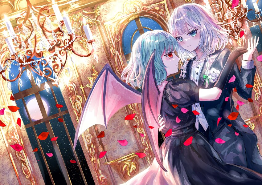 2girls absurdres alternate_costume bat_wings black_dress black_suit blue_eyes blush dress falling_petals formal_clothes highres izayoi_sakuya moon multiple_girls petals remilia_scarlet suit suzushina touhou white_hair window wings