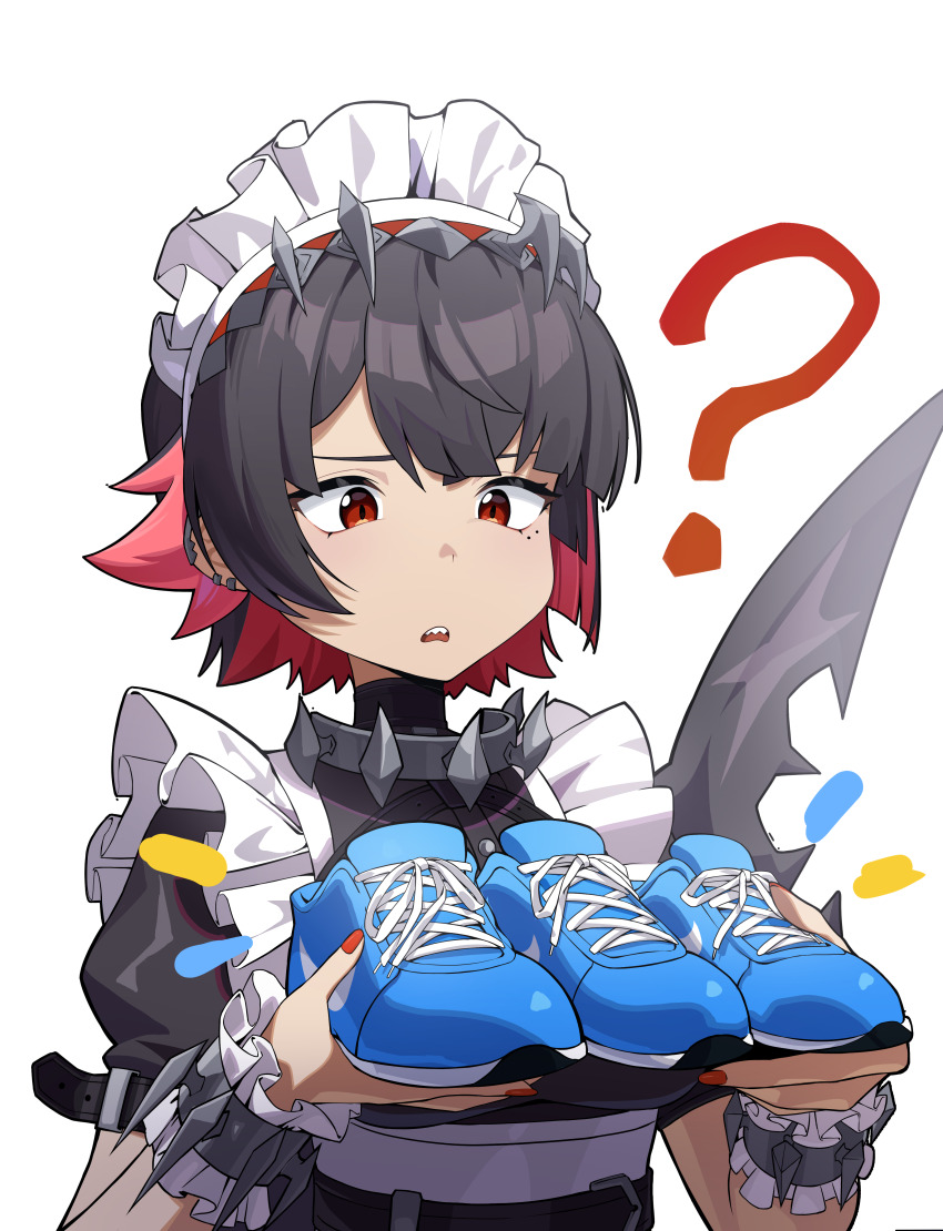 1girl ? absurdres black_hair blue_shoes colored_inner_hair commentary_request ellen_joe fins fish_tail guli_(guli0572) highres holding holding_shoes italian_brainrot_ai_animals_(meme) maid maid_headdress meme metal_hairband mole mole_under_eye multicolored_hair nike_(company) parted_lips puffy_short_sleeves puffy_sleeves red_eyes red_hair red_nails shark_girl shark_tail sharp_teeth shoes short_hair short_sleeves simple_background spiked_headband tail teeth two-tone_hair unworn_shoes upper_body white_background zenless_zone_zero