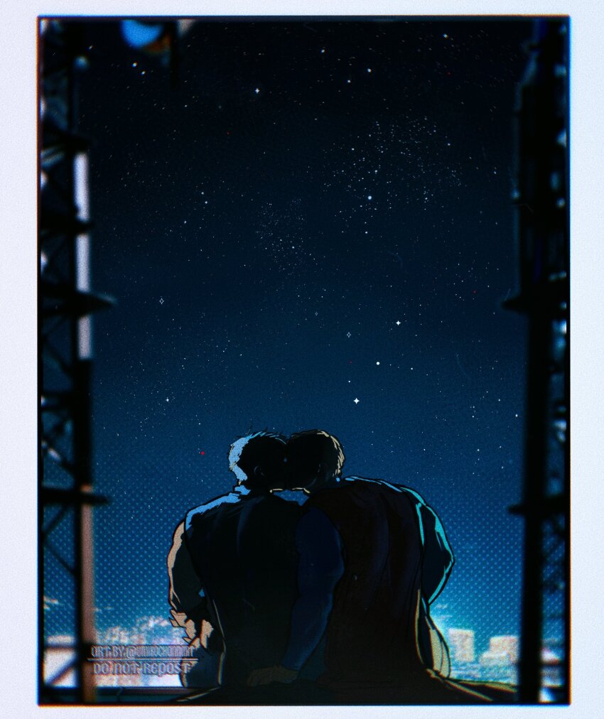 2boys back bara batman batman_(series) bodysuit bruce_wayne cape clark_kent dc_comics highres kiss male_focus multiple_boys muscular muscular_male night night_sky outdoors short_hair sitting sky superman superman_(series) twitter_username umikochannart yaoi