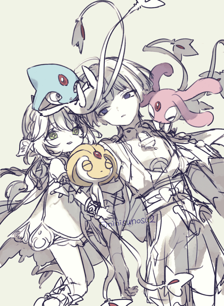 1boy 1girl anklet armlet azelf belt bloomers blunt_ends bow bracelet cape covered_collarbone cross-shaped_pupils crossover detached_sleeves dress forehead_jewel gem gen_4_pokemon genshin_impact green_eyes hair_between_eyes hair_ornament han&#039;eri highres japanese_clothes jewelry kimono layered_kimono leaf leaf_hair_ornament legendary_pokemon long_hair looking_at_another looking_at_creature mandarin_collar mesprit monochrome nahida_(genshin_impact) ninisunosu2 nintendo open_clothes open_hand open_kimono open_mouth parted_lips pokemon pokemon_(creature) pom_pom_(clothes) purple_eyes sash scaramouche_(genshin_impact) shorts shoulder_peek stirrup_footwear symbol-shaped_pupils teeth twitter_username underwear upper_teeth_only uxie vision_(genshin_impact) wanderer_(genshin_impact)