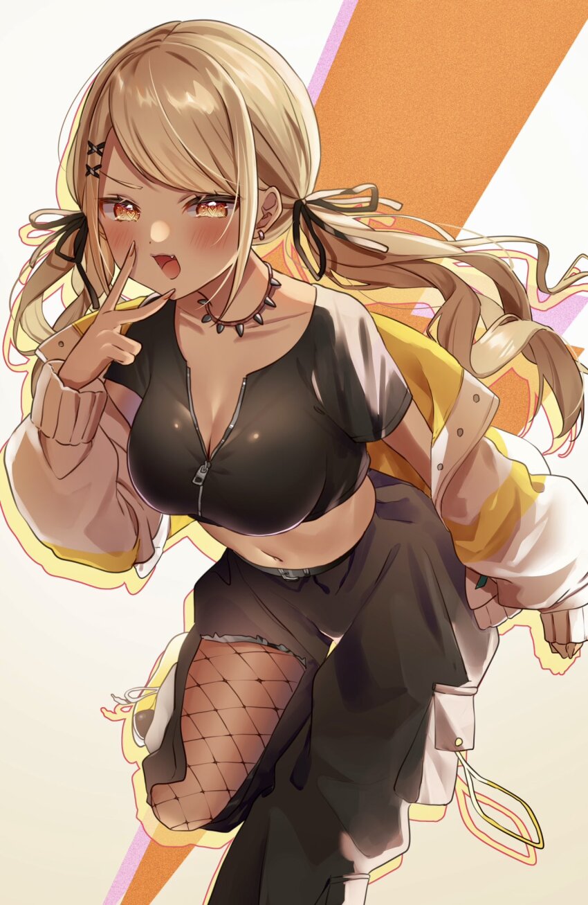 1girl black_pants black_ribbon black_shirt blonde_hair breasts cleavage crop_top dark-skinned_female dark_skin earrings fang fishnet_pantyhose fishnets gyaru hair_ornament hair_ribbon heart heart-shaped_pupils highres jacket jewelry kaminari_qpi kaminari_qpi_(2nd_costume) long_hair looking_at_viewer low_twintails medium_breasts multicolored_jacket navel necklace off_shoulder open_clothes open_jacket orange_eyes orange_nails pants pantyhose pome_charo ribbon rokku_gyaru shirt solo swept_bangs symbol-shaped_pupils tooth_necklace torn_clothes torn_pants twintails two-tone_jacket v v_over_mouth very_long_hair virtual_youtuber vspo! white_jacket x_hair_ornament yellow_jacket zipper zipper_pull_tab