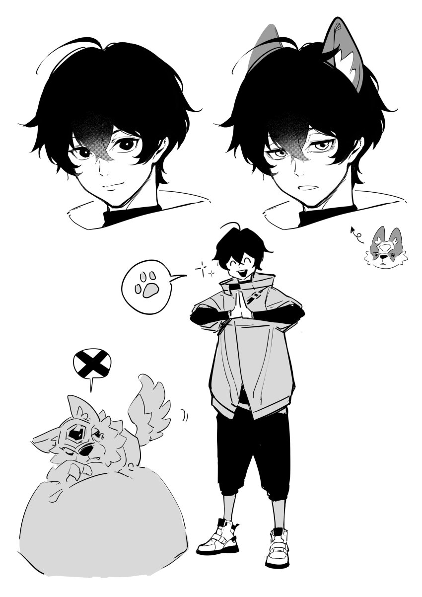 1boy absurdres digicore_interface digimon digimon_(creature) digimon_seekers highres loogamon monochrome nagasumi_eiji one_eye_closed tail wolf