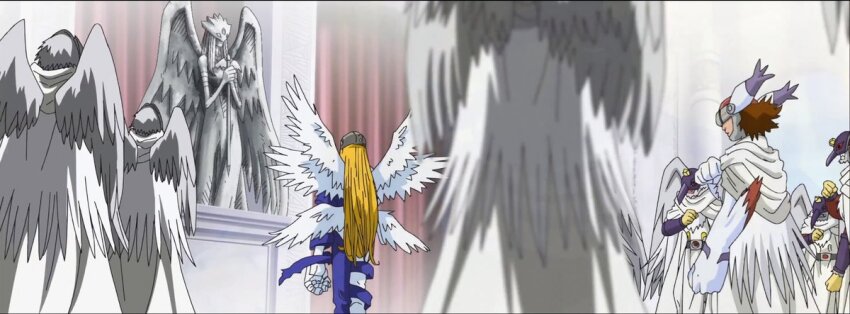 angel angel_boy angemon blonde_hair digimon digimon_xros_wars goddess_(digimon_xros_wars) kotemon long_hair screencap silphymon wings