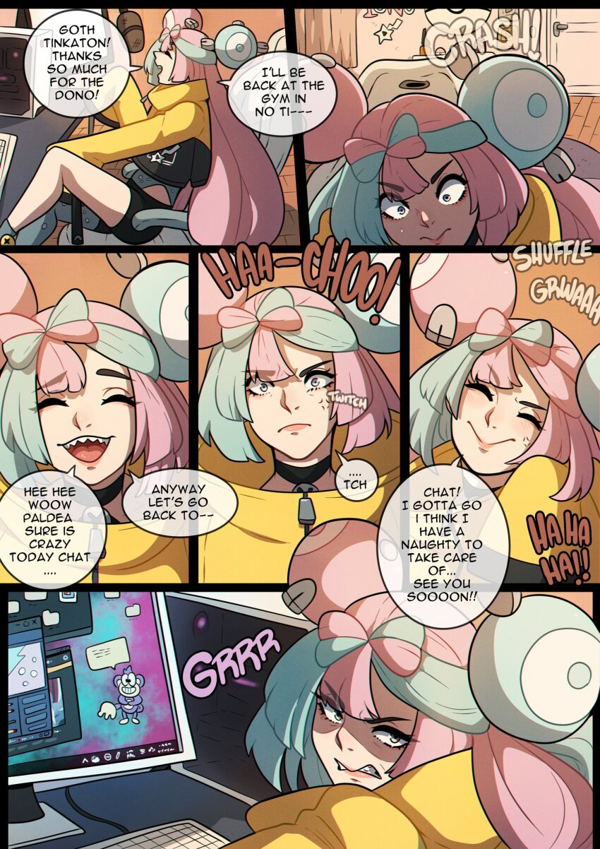 1girl aged_up angry at_computer blue_hair commentary computer english_commentary english_text glaring grin highres hood hoodie iono_(pokemon) kinkymation long_hair multicolored_hair nervous_sweating nintendo paid_reward_available pink_hair pokemon pokemon_sv shaded_face sharp_teeth smile sweat teeth very_long_hair yellow_hoodie