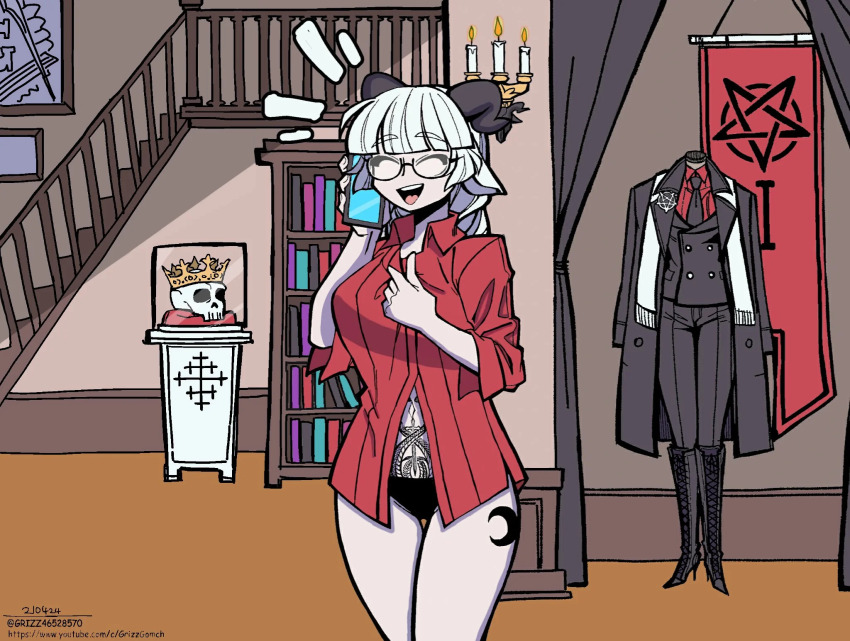 1girl banner baphomet_(grizz) black_horns black_panties blush book bookshelf candle coat crescent crescent_moon crown demon_girl demon_horns full_body glasses grizz helltaker highres horns indoors long_hair monochrome moon open_clothes open_shirt original panties pentagram shirt simple_background sketch skull smile solo stairs talking_on_phone traditional_media underwear vanripper_(style)