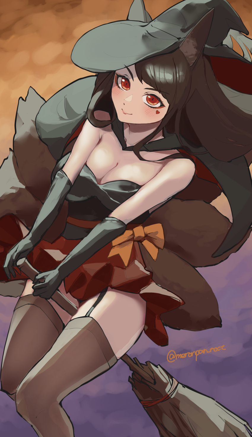 1girl absurdres akagi_(azur_lane) animal_ears azur_lane bow breasts broom broom_riding brown_hair fox_ears fox_girl fox_tail garter_straps hat heart_on_cheek highres kitsune large_breasts nocturnal_melonpan orange_bow red_eyes red_skirt skirt smile solo tail thighhighs witch_hat