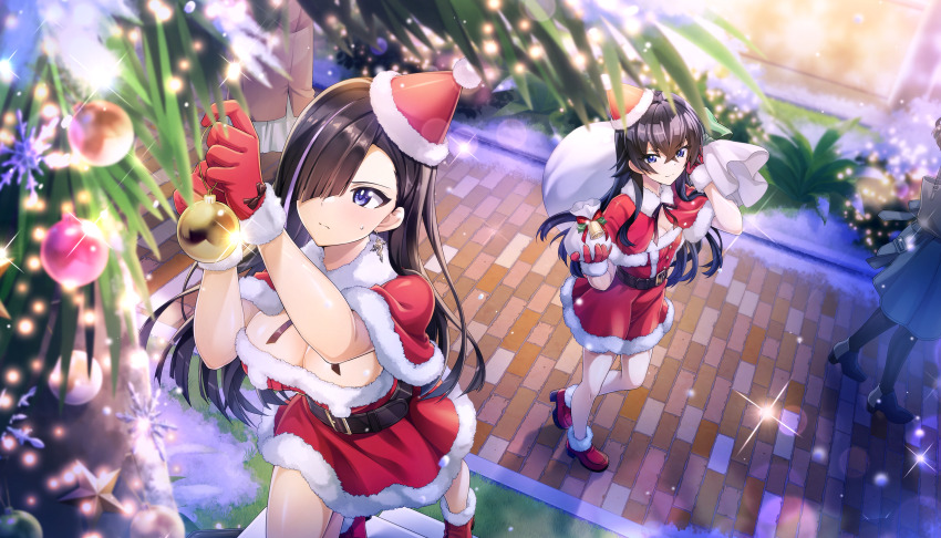 2girls bag belt black_hair blue_eyes breasts brick_road christmas cleavage dolphin_wave dress earrings fur-trimmed_dress fur_trim game_cg gloves hagane_otsuki hair_between_eyes hair_over_one_eye hat highres holding holding_bag jewelry kurose_minami large_breasts multiple_girls non-web_source ootomo_takuji santa_costume santa_hat small_breasts snow sweatdrop