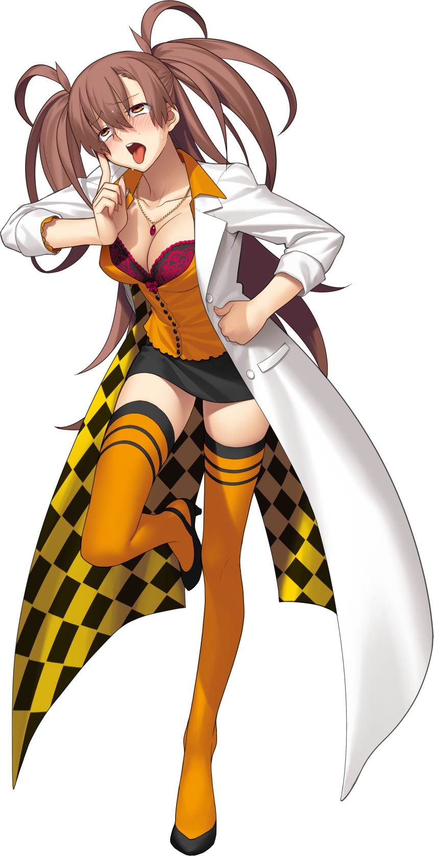 1girl absurdres ahegao blush bra breasts brown_hair dr._arach highres lab_coat lace lace_bra large_breasts long_hair non-web_source official_art orange_vest patterned_clothing rolling_eyes takeuchi_takashi tongue tongue_out tsukihime tsukihime_(remake) underwear vest