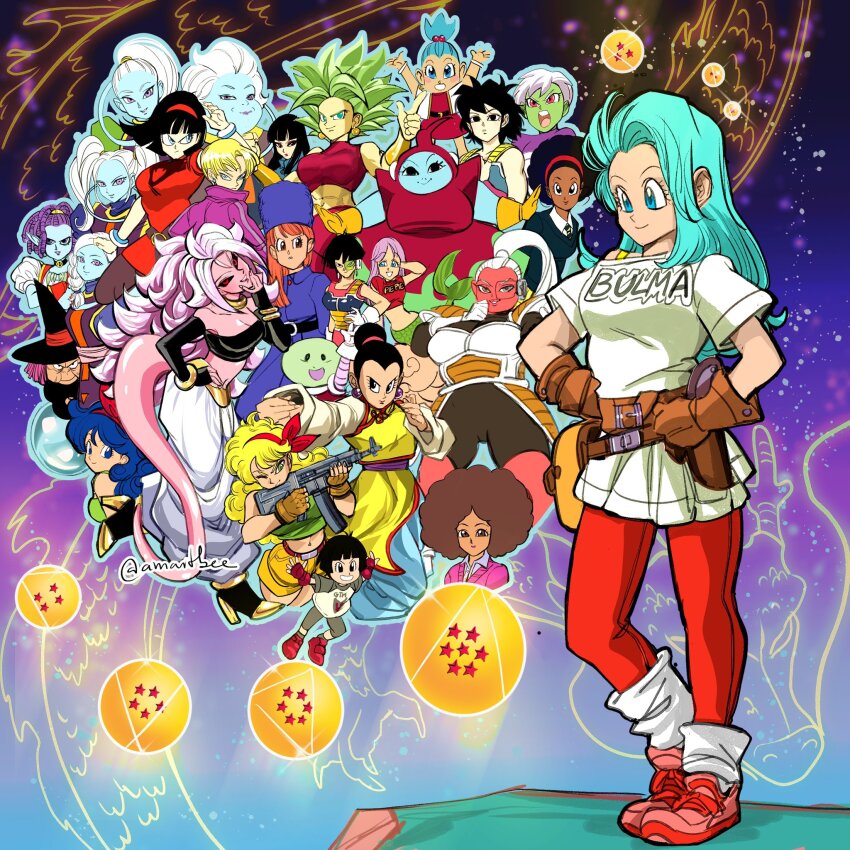 6+girls alien android_18 android_21 baba_(dragon_ball) belt black_hair blonde_hair blue_eyes blue_hair bonyu bra_(dragon_ball) breasts bulma cheelai chi-chi_(dragon_ball) cleavage cus dragon dragon_ball dragon_ball_(classic) dragon_ball_(object) dragon_ball_fighterz dragon_ball_super dragon_ball_super_broly dragon_ball_super_super_hero dragonball_z dress fasha gine gloves green_hair grin gun hairband hand_on_own_hip highres janet_(dragon_ball) kefla_(dragon_ball) long_hair looking_at_viewer lunch_(dragon_ball) macki_(dragon_ball) mai_(dragon_ball) majin_android_21 marcarita_(dragon_ball) medium_breasts mermaid monster_girl multiple_girls pan_(dragon_ball) ponytail ribrianne rulah_(dragon_ball) serious seripa short_hair smile suno_(dragon_ball) sweater tail tomboy vados_(dragon_ball) videl weapon white_hair