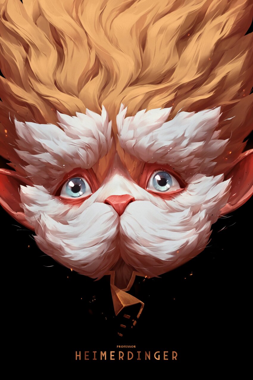 1boy absurdres animal_nose arcane:_league_of_legends arcane_heimerdinger beard_over_mouth black_background blonde_hair blue_eyes body_fur character_name cropped_shoulders despair facial_hair heimerdinger highres league_of_legends long_mustache male_focus mustache patrick_ganas pointy_ears portrait simple_background solo thick_eyebrows white_fur wide-eyed yordle