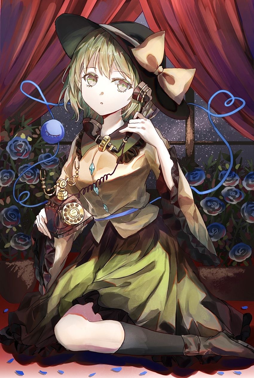 1girl absurdres antique_phone black_hat black_socks blouse blue_flower blue_rose boots bow brown_boots buttons collared_shirt commentary curtains diamond_button expressionless flower frilled_shirt_collar frills full_body green_eyes green_hair green_skirt hand_up hat hat_bow heart heart_of_string highres holding holding_phone indoors kneehighs kneeling komeiji_koishi leaf long_sleeves looking_at_viewer night parted_lips petals phone rose rose_bush rose_petals shirt short_hair skirt socks solo suzushina third_eye touhou wide_sleeves window yellow_bow yellow_shirt