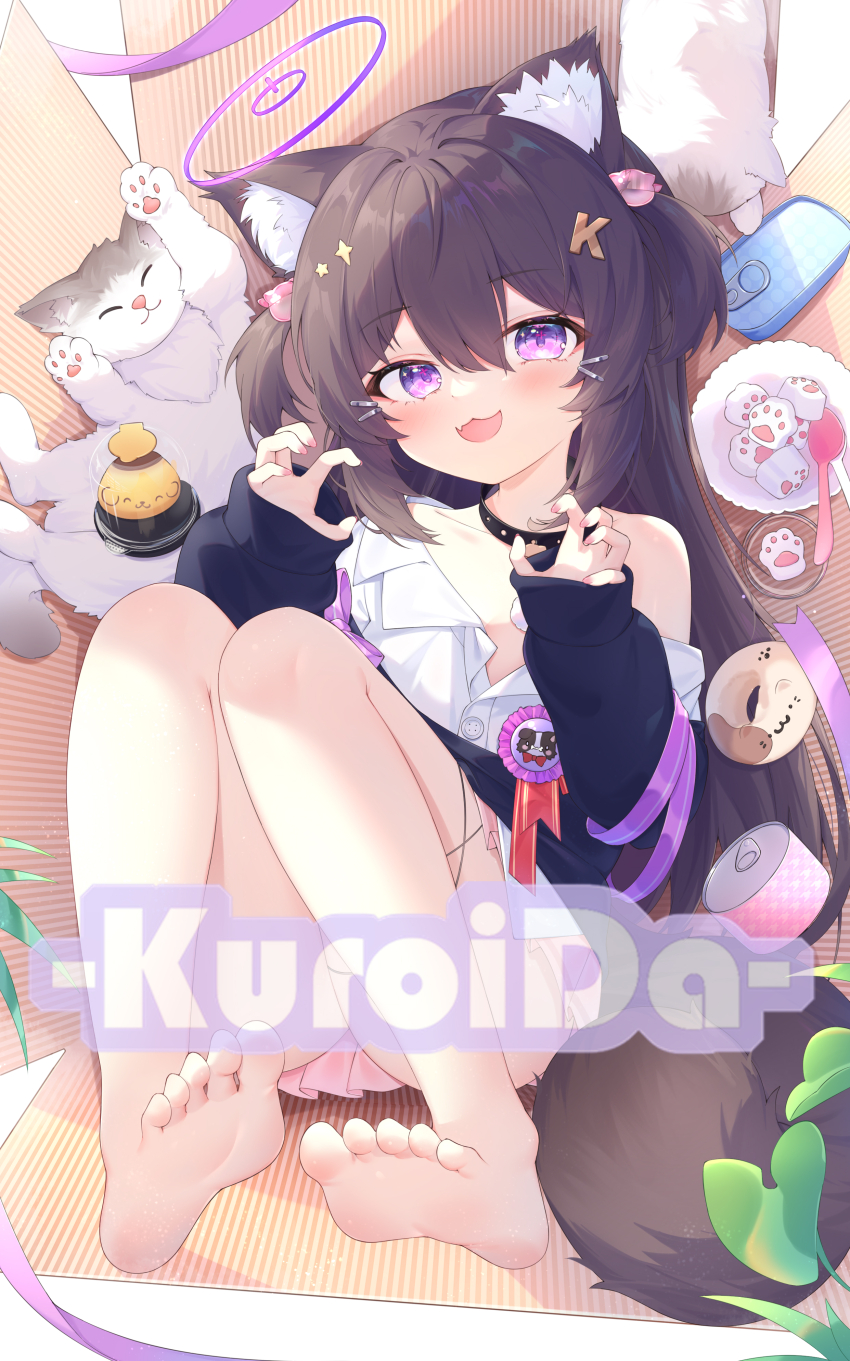 1girl absurdres animal_ear_fluff animal_ears arm_ribbon bare_legs barefoot bell black_choker blush bow brown_hair can canned_food cat cat_ears cat_girl cat_hair_ornament cat_tail choker collarbone collared_shirt commentary_request donut fang food hair_between_eyes hair_ornament hairclip halo highres kuroida letter_hair_ornament long_sleeves lying on_back original partially_unbuttoned pink_skirt pleated_skirt purple_bow purple_eyes purple_halo purple_ribbon ribbon shirt single_bare_shoulder skin_fang skirt sleeves_past_wrists smile tail toes two_side_up white_shirt