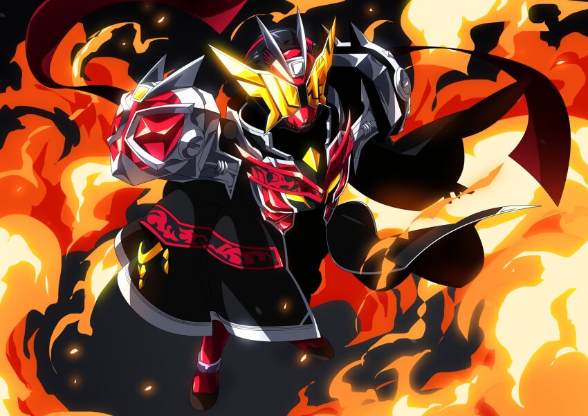 alternate_costume armor black_armor bodysuit explosion fire flame_style gloves highres jewelry kamen_rider kamen_rider_geiz kamen_rider_wizard kamen_rider_wizard_(series) kamen_rider_zi-o_(series) katakana otokamu red_bodysuit ring robe scarf standing wizard wizard_armor yellow_eyes yellow_gloves