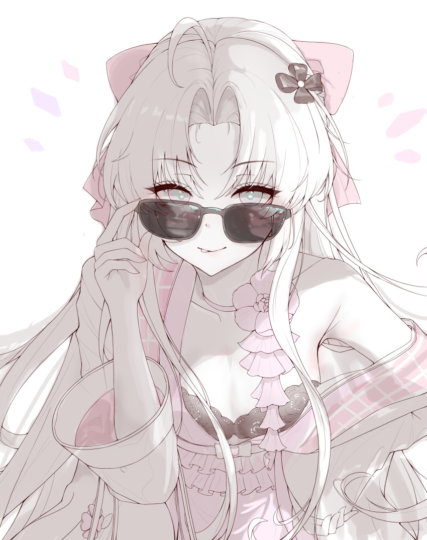 1girl :p absurdres ahoge aqua_eyes black_bra bow bra breasts carlotta_(wuthering_waves) collarbone cowboy_shot dress hair_bow hair_ornament highres jacket leaning_forward lilac_(k32420276) limited_palette long_hair looking_at_viewer looking_over_eyewear missing_commentary official_alternate_costume parted_bangs pink_bow pink_dress simple_background single_bare_shoulder single_off_shoulder sketch small_breasts smile solo sunglasses tongue tongue_out underwear very_long_hair white_background white_hair white_jacket wuthering_waves