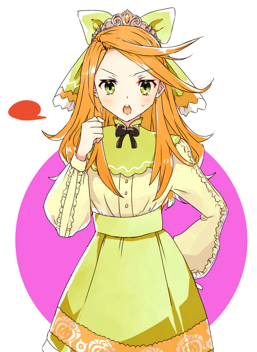 1girl absurdres black_bow black_bowtie bow bowtie dress etie_(fire_emblem) fire_emblem fire_emblem_engage gem green_bow green_dress green_eyes green_shirt highres meba. nintendo open_mouth orange_gemstone orange_hair shirt solo swept_bangs tiara