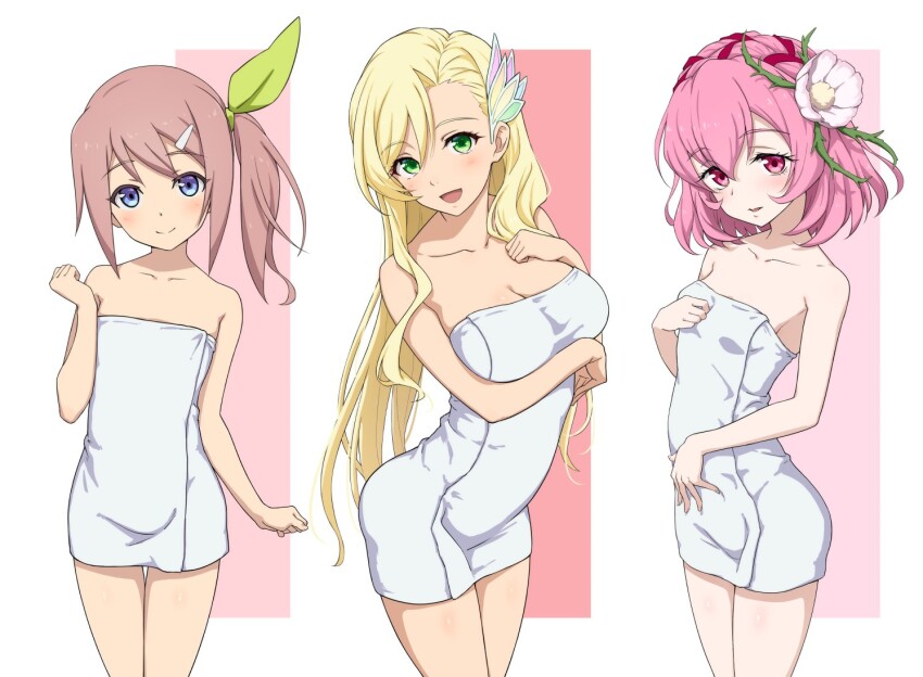3girls blonde_hair blue_eyes breasts collar collarbone flat_chest flower green_eyes hair_flower hair_ornament hairclip holding holding_towel kana_(tales) kiikii kiikii_(kitsukedokoro) kitsukedou long_hair looking_at_viewer mileena_weiss misella multiple_girls pink_hair sara_(tales) side_ponytail small_breasts tales_of_(series) tales_of_asteria tales_of_crestoria tales_of_link tales_of_luminaria tales_of_the_rays towel
