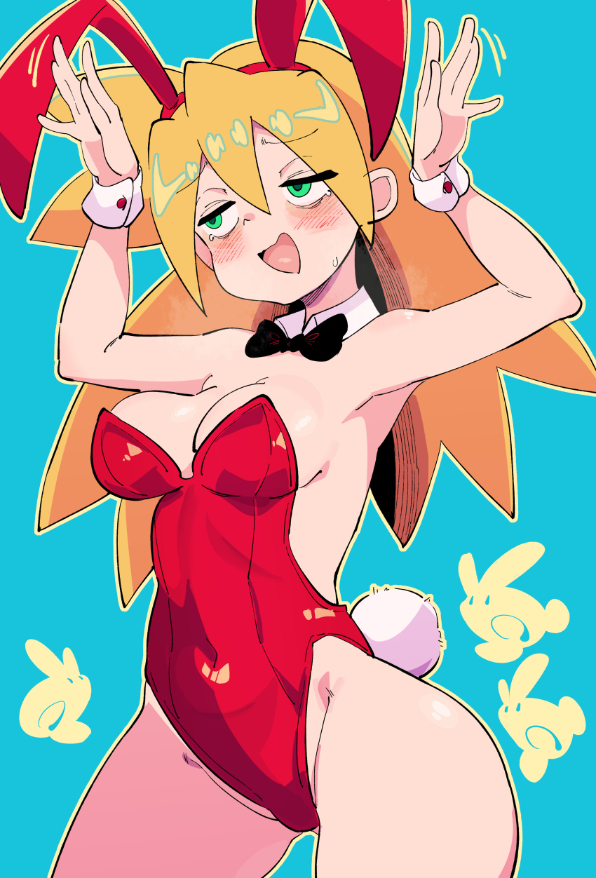 1girl absurdres animal_ears arms_up bare_shoulders blonde_hair blush breasts buzzlyears cleavage cowboy_shot fake_animal_ears fake_tail green_eyes highres leotard long_hair medium_breasts mega_man_(series) mega_man_legends_(series) playboy_bunny rabbit_ears rabbit_tail red_leotard roll_caskett_(mega_man) simple_background solo strapless strapless_leotard tail tears upper_body