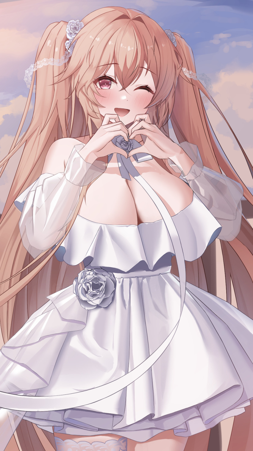1girl anchorage_(azur_lane) anchorage_(oath_of_sunsets_and_fireworks)_(azur_lane) azur_lane blue_sky blush breasts brown_hair cleavage cloud cloudy_sky commentary_request cowboy_shot dress hair_between_eyes hair_intakes hair_ornament heart heart_hands highres large_breasts long_hair looking_at_viewer off-shoulder_dress off_shoulder official_alternate_costume one_eye_closed open_mouth red_eyes see-through_clothes see-through_sleeves sky smile solo two_side_up white_dress wynnblue