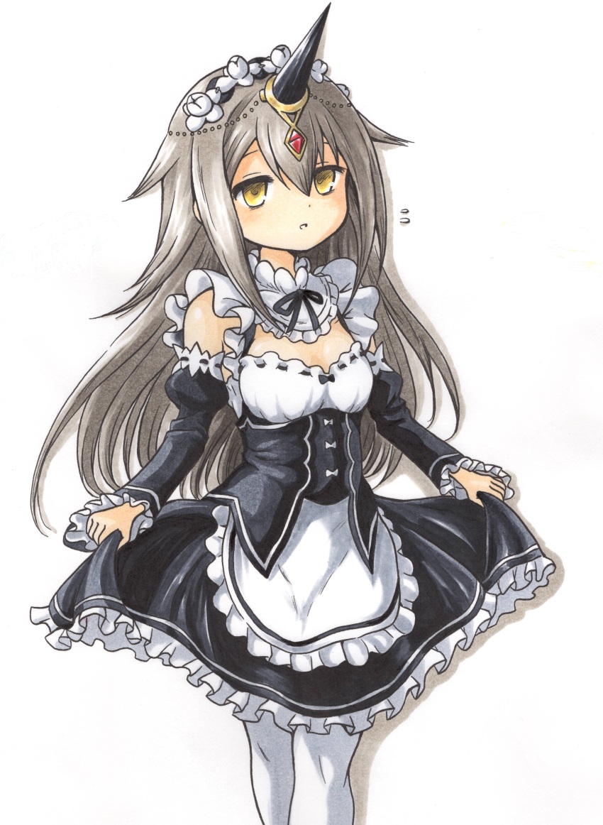 1girl absurdres ajikeneko detached_sleeves dress frilled_dress frills grey_hair highres holding holding_unworn_clothes holding_unworn_dress horns kureha_yuna magia_record:_mahou_shoujo_madoka_magica_gaiden mahou_shoujo_madoka_magica maid parted_lips re:zero_kara_hajimeru_isekai_seikatsu ribbon single_horn skirt_hold solo trait_connection white_background yellow_eyes