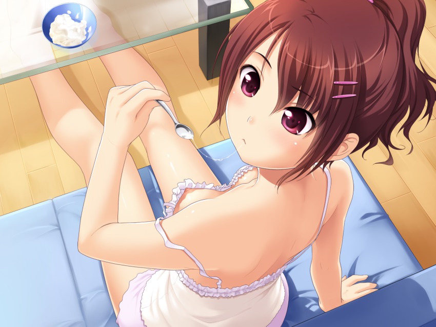 1girl :&lt; arm_support bare_legs bare_shoulders barefoot bowl breasts brown_hair camisole downblouse female_focus frills game_cg hair_ornament hairclip highres looking_back mebae_(game) nipple_slip nipples no_bra nonohara_miki ponytail red_eyes sakura_anna saliva saliva_trail short_ponytail small_breasts solo spoon strap_slip