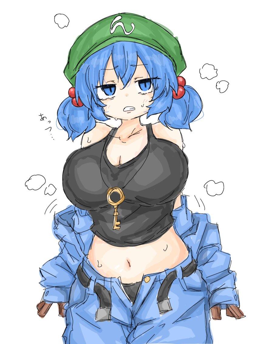 1girl black_tank_top blue_eyes blue_hair breasts clenched_teeth cowboy_shot d: double-parted_bangs fumomono hair_between_eyes hair_bobbles hair_ornament highres kawashiro_nitori large_breasts midriff navel open_mouth simple_background solo tank_top teeth touhou twintails white_background
