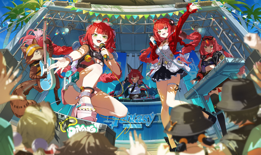6+girls absurdres ahoge alice_thymefield animal_ear_fluff animal_ears anklet aqua_coat arm_up astra_yao astra_yao_(cosplay) belle_(summer_skies)_(zenless_zone_zero) belle_(zenless_zone_zero) black_gloves black_jacket black_necktie black_skirt black_thighhighs black_tube_top blonde_hair blue_hair blunt_bangs blush bracelet braid braided_twintails breasts bucket_hat burnice_white burnice_white_(cosplay) cleavage coat coat_on_shoulders concert cosplay crop_top dress electric_guitar eyewear_on_head fingerless_gloves fox_ears from_below gloves green_eyes grey_hair guitar hand_on_headphones hat headphones headphones_around_neck heart heart-shaped_eyewear highres holding holding_headphones holding_instrument holding_microphone hoshimi_miyabi hoshimi_miyabi_(cosplay) instrument jacket jewelry keyboard_(instrument) long_braid long_hair looking_at_viewer low_twintails microphone mixing_console multiple_girls music nail_polish necktie nik_ibi official_alternate_costume one-piece_swimsuit one_eye_closed open_mouth phonograph pink_one-piece_swimsuit playing_instrument rabbit_girl raccoon red-tinted_eyewear red_hair red_jacket sandals shirt short_hair short_twintails singing skirt smile sphere_hair_ornament spiked_jacket squatting stage strapless sunglasses swimsuit thigh_beads thighhighs tinted_eyewear toenail_polish toenails tube_top turntable twintails two-tone_one-piece_swimsuit ukinami_yuzuha ukinami_yuzuha_(tanuki_in_broad_daylight) very_long_hair visor_cap white_dress white_one-piece_swimsuit white_shirt wise_(peaceful_waves)_(zenless_zone_zero) wise_(zenless_zone_zero) yellow_nails zenless_zone_zero