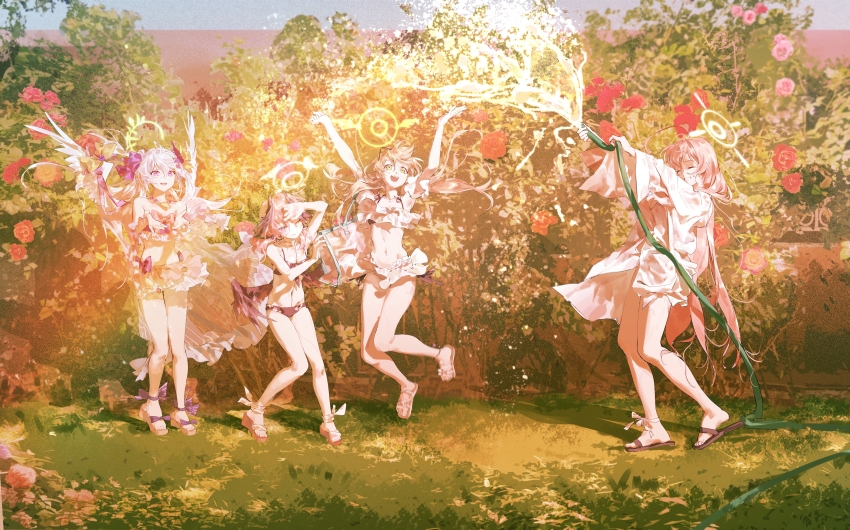 4girls absurdres angel_wings arms_up azusa_(blue_archive) azusa_(swimsuit)_(blue_archive) bikini black_bikini blonde_hair blue_archive bow breasts dress_shirt floating_hair floral_print_bikini frilled_bikini frills grass hair_bow halo hanako_(blue_archive) hanako_(swimsuit)_(blue_archive) head_wings hifumi_(blue_archive) hifumi_(swimsuit)_(blue_archive) highres holding holding_hose hose jumping koharu_(blue_archive) koharu_(swimsuit)_(blue_archive) long_hair low_twintails low_wings medium_hair multiple_girls official_alternate_costume one_eye_closed outdoors pink_hair sandals shirt small_breasts smile standing swimsuit twintails water white_bikini white_hair wings yu-y_(824412)