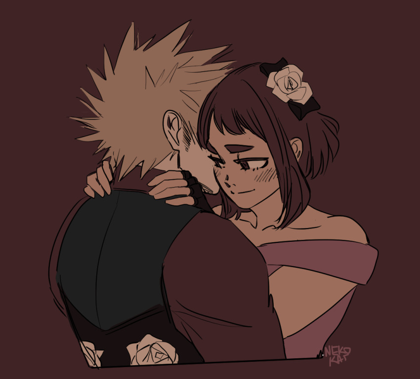1boy 1girl alternate_costume artist_name bakugou_katsuki ballroom_dancing bare_shoulders black_gloves black_vest blonde_hair blush boku_no_hero_academia brown_background brown_eyes brown_hair brown_sleeves brown_suit collarbone covered_face dress fingerless_gloves flower formal_clothes gloves hair_flower hair_ornament hands_on_another&#039;s_shoulders heads_together hetero lowered_eyelids nekokat42 pink_dress short_hair sidelocks signature sleeveless sleeveless_dress smile spiked_hair suit thick_eyebrows upper_body uraraka_ochako vest white_flower