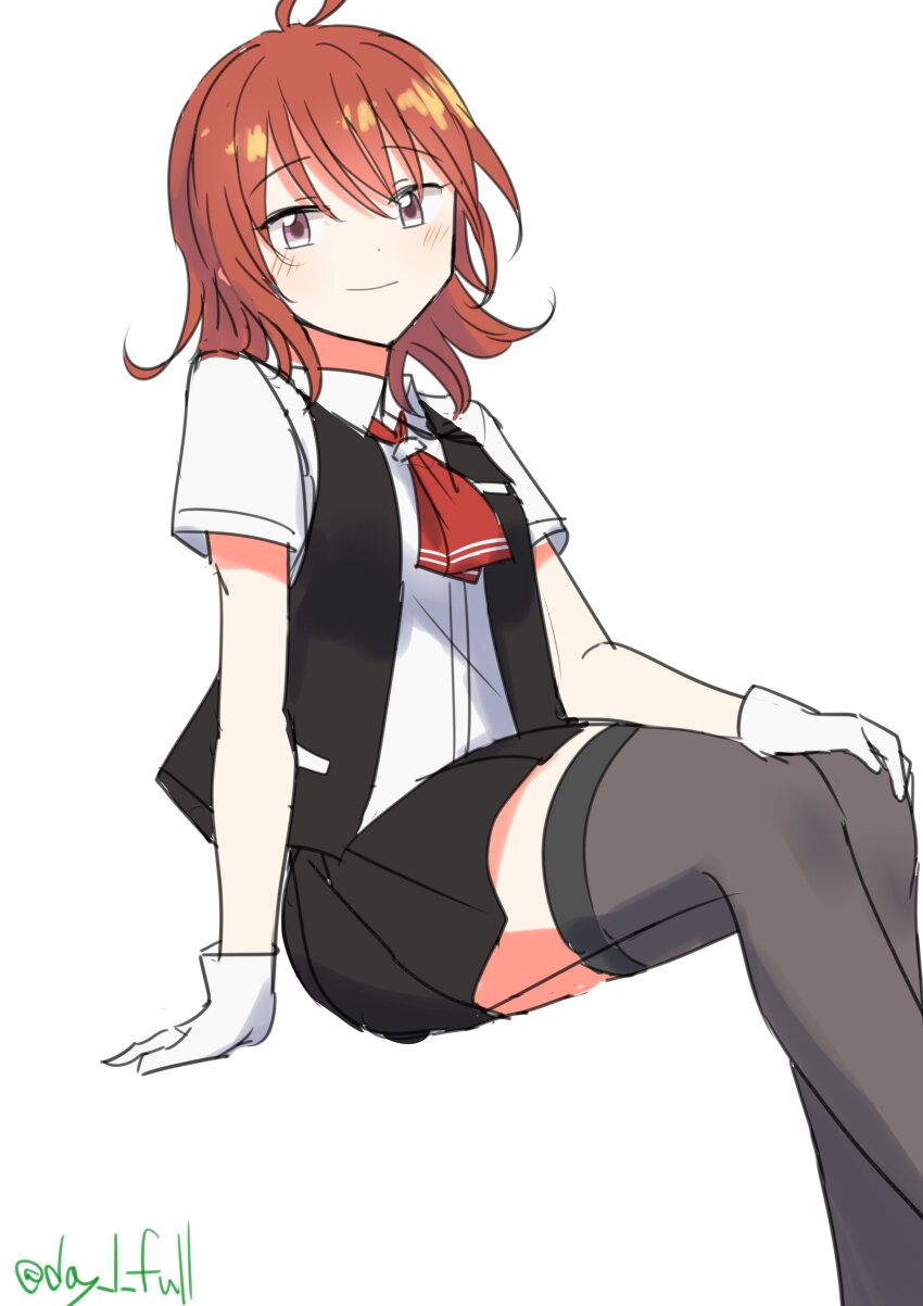 1girl absurdres ahoge arashi_(kancolle) black_skirt black_vest breasts collared_shirt dress_shirt gloves grey_thighhighs highres invisible_chair kantai_collection medium_breasts neckerchief one-hour_drawing_challenge pleated_skirt purple_eyes red_hair red_neckerchief robinson_(day_l_full) school_uniform shirt sitting skirt solo thighhighs vest white_gloves white_shirt