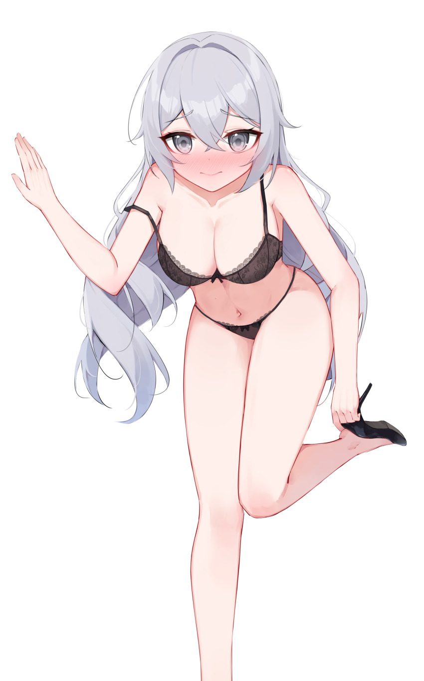absurdres alternate_costume bare_shoulders black_bra black_panties blush bow bow_bra bow_panties bra breasts bronya_zaychik cleavage commentary_request grey_eyes grey_hair hand_on_leg hand_on_wall high_heels highres honkai_(series) honkai_impact_3rd large_breasts long_hair muou panties underwear underwear_only white_background