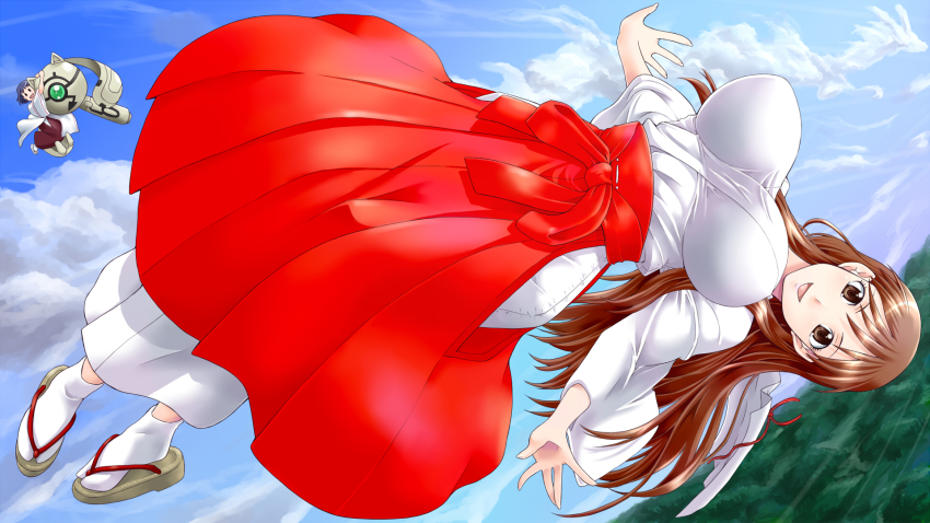 2girls :d blue_hair blue_sky blush_stickers breasts brown_eyes brown_hair cloud day flying hakama hakama_skirt happy highres japanese_clothes kamisama_dolls kuga_utao kukuri_(kamisama_dolls) large_breasts long_hair miko multiple_girls open_mouth red_hakama robot sandals shiba_hibino sideways skirt sky smile tabi yaso_shigeru